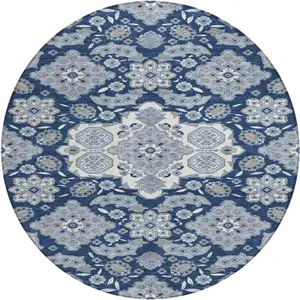 Photo of 8' Blue Ivory And Gray Round Medallion Washable Indoor Outdoor Area Rug