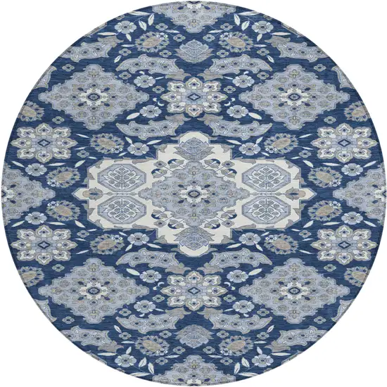 8' Blue Ivory And Gray Round Medallion Washable Indoor Outdoor Area Rug Photo 1