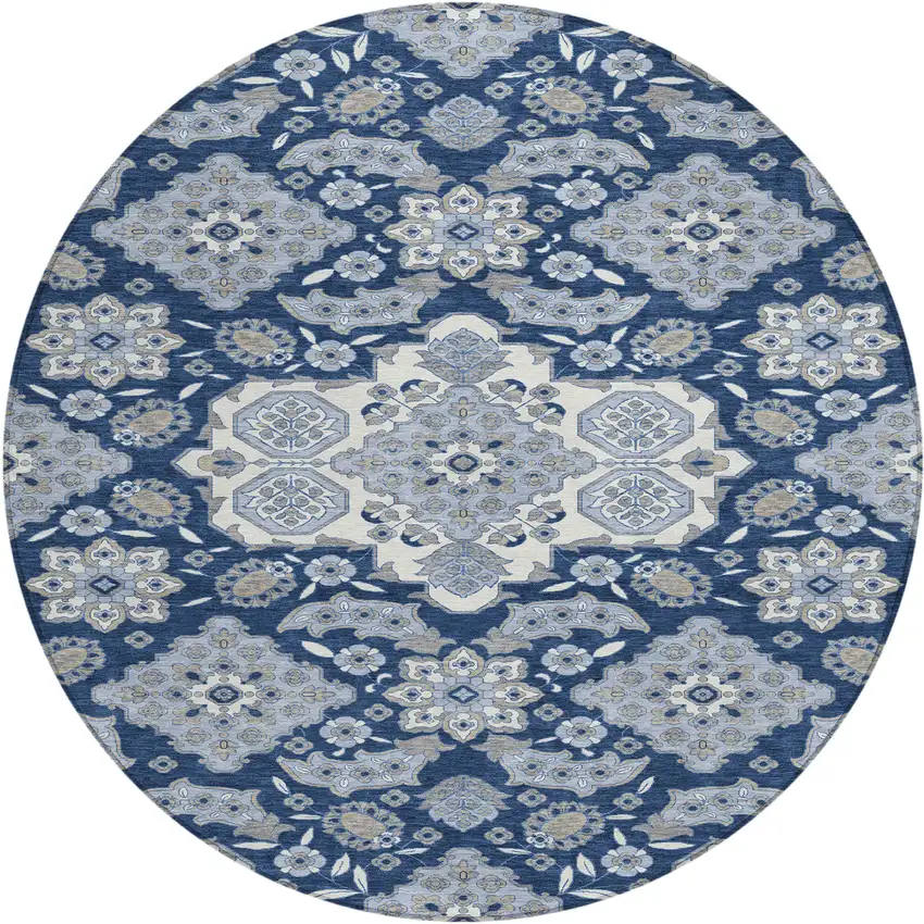 8' Blue Ivory And Gray Round Medallion Washable Indoor Outdoor Area Rug Photo 1