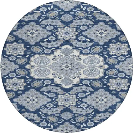 8' Blue Ivory And Gray Round Medallion Washable Indoor Outdoor Area Rug Photo 4