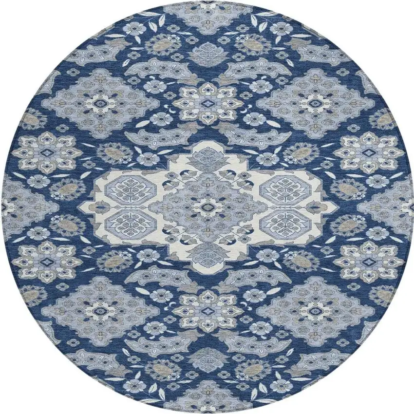 8' Blue Ivory And Gray Round Medallion Washable Indoor Outdoor Area Rug Photo 4