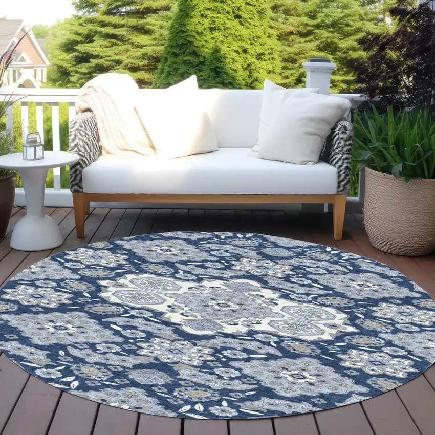 8' Blue Ivory And Gray Round Medallion Washable Indoor Outdoor Area Rug Photo 5