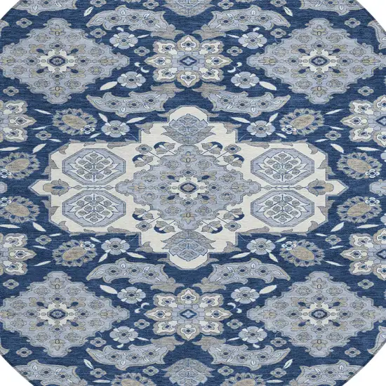 8' Blue Ivory And Gray Round Medallion Washable Indoor Outdoor Area Rug Photo 8