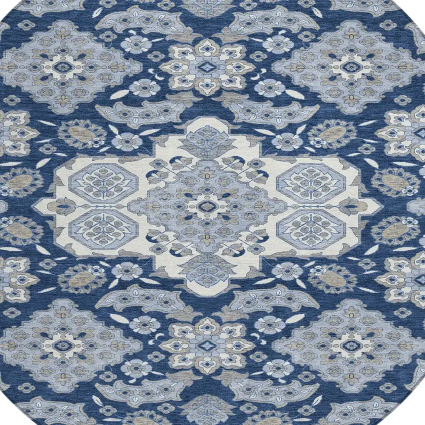 8' Blue Ivory And Gray Round Medallion Washable Indoor Outdoor Area Rug Photo 8