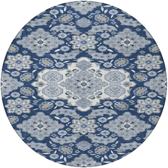 8' Blue Ivory And Gray Round Medallion Washable Indoor Outdoor Area Rug Photo 3