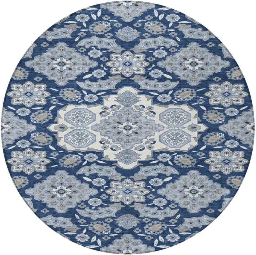 8' Blue Ivory And Gray Round Medallion Washable Indoor Outdoor Area Rug Photo 3