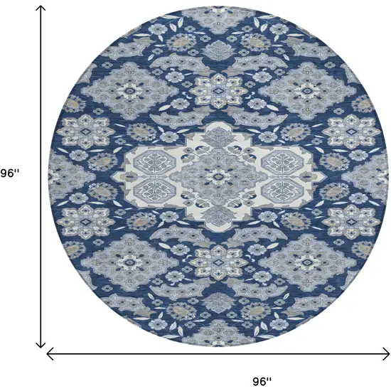 8' Blue Ivory And Gray Round Medallion Washable Indoor Outdoor Area Rug Photo 9