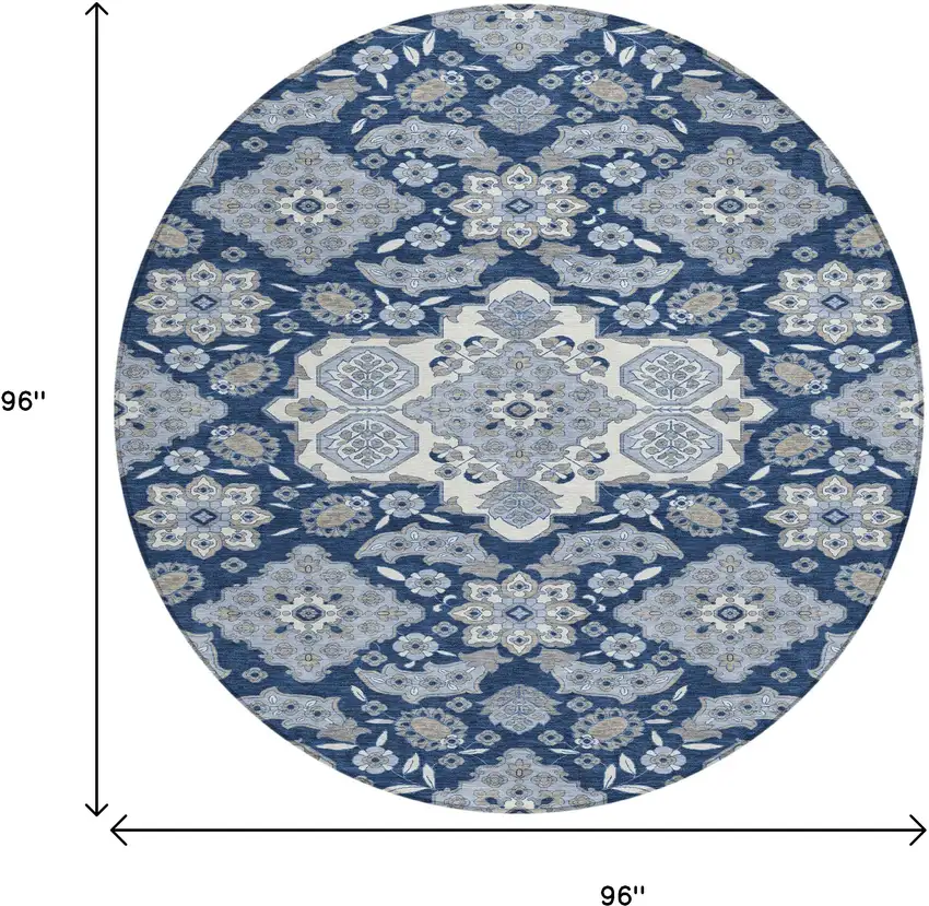 8' Blue Ivory And Gray Round Medallion Washable Indoor Outdoor Area Rug Photo 9