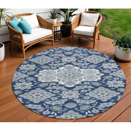 8' Blue Ivory And Gray Round Medallion Washable Indoor Outdoor Area Rug Photo 2