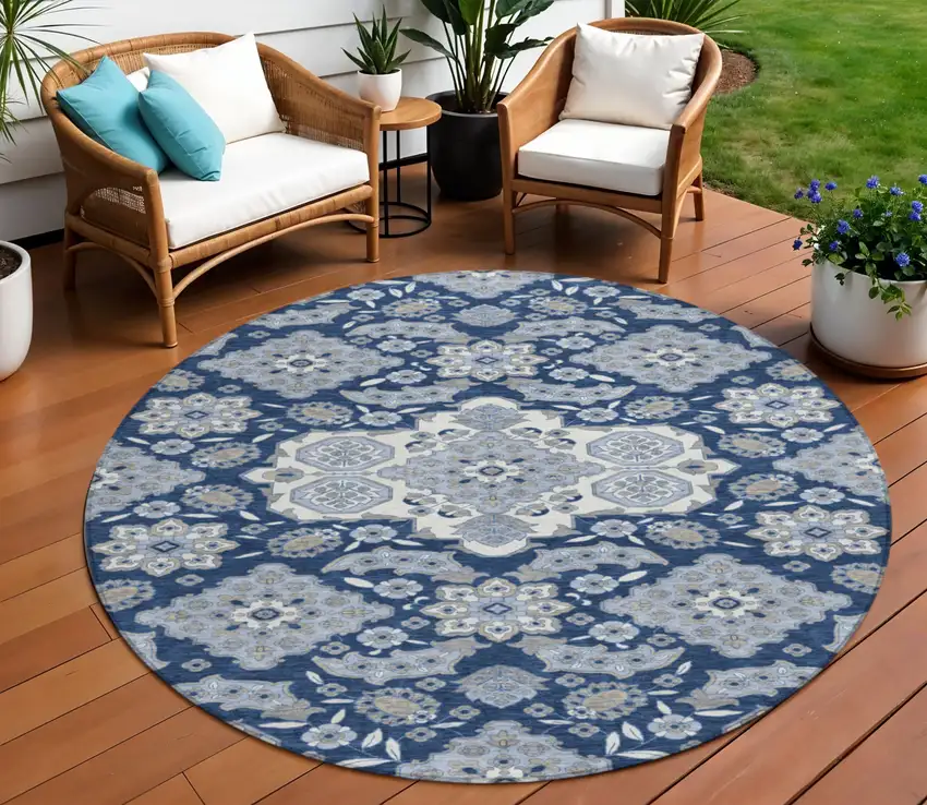 8' Blue Ivory And Gray Round Medallion Washable Indoor Outdoor Area Rug Photo 2