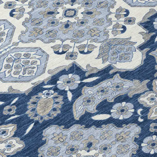 8' Blue Ivory And Gray Round Medallion Washable Indoor Outdoor Area Rug Photo 8
