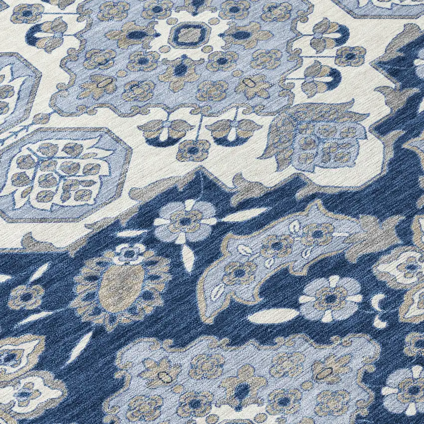 8' Blue Ivory And Gray Round Medallion Washable Indoor Outdoor Area Rug Photo 8