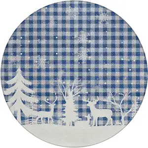 Photo of 8' Blue Ivory And Gray Round Plaid Washable Indoor Outdoor Area Rug
