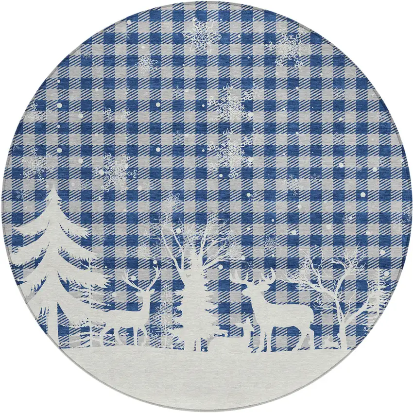 8' Blue Ivory And Gray Round Plaid Washable Indoor Outdoor Area Rug Photo 1