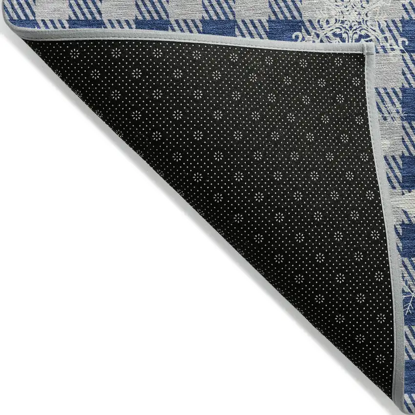 8' Blue Ivory And Gray Round Plaid Washable Indoor Outdoor Area Rug Photo 9