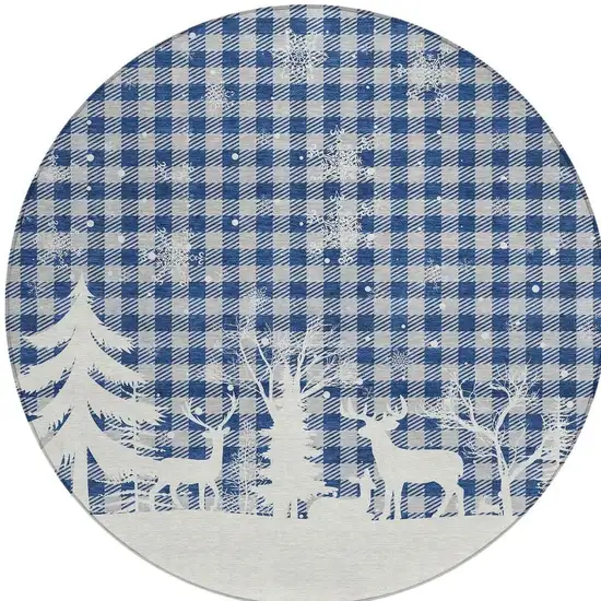 8' Blue Ivory And Gray Round Plaid Washable Indoor Outdoor Area Rug Photo 4