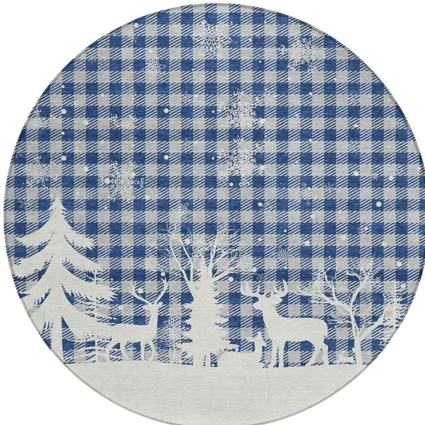 8' Blue Ivory And Gray Round Plaid Washable Indoor Outdoor Area Rug Photo 4
