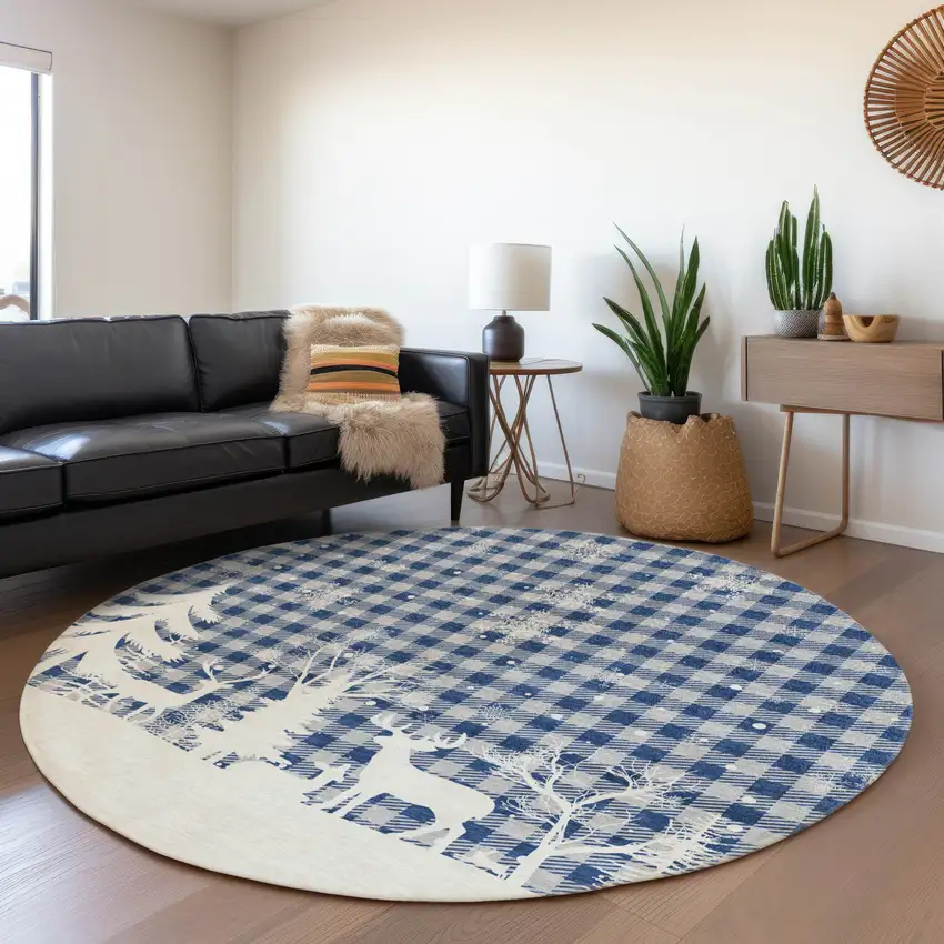 8' Blue Ivory And Gray Round Plaid Washable Indoor Outdoor Area Rug Photo 6