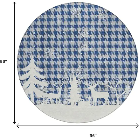 8' Blue Ivory And Gray Round Plaid Washable Indoor Outdoor Area Rug Photo 9