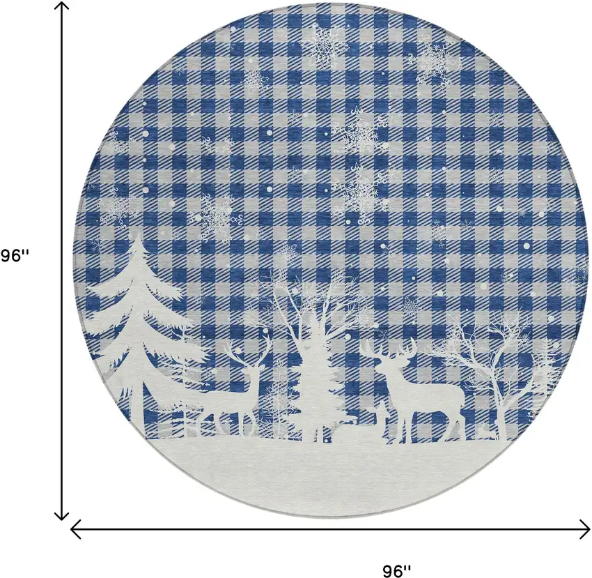 8' Blue Ivory And Gray Round Plaid Washable Indoor Outdoor Area Rug Photo 9