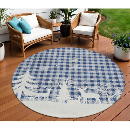 8' Blue Ivory And Gray Round Plaid Washable Indoor Outdoor Area Rug Photo 1
