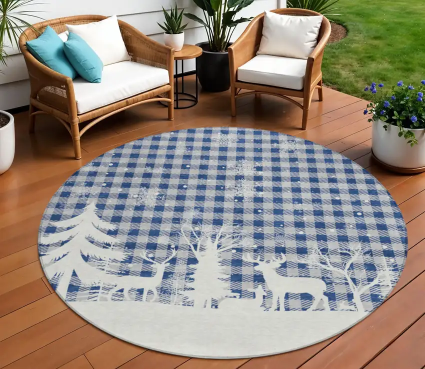 8' Blue Ivory And Gray Round Plaid Washable Indoor Outdoor Area Rug Photo 1