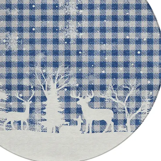 8' Blue Ivory And Gray Round Plaid Washable Indoor Outdoor Area Rug Photo 8