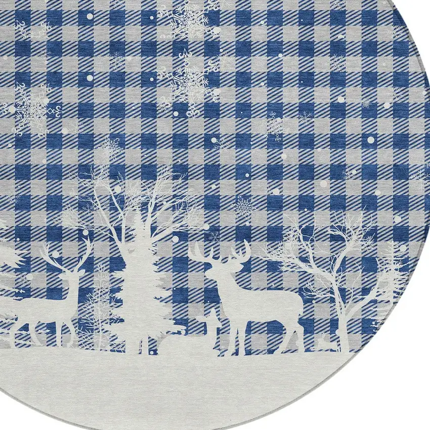 8' Blue Ivory And Gray Round Plaid Washable Indoor Outdoor Area Rug Photo 8
