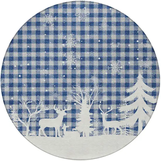 8' Blue Ivory And Gray Round Plaid Washable Indoor Outdoor Area Rug Photo 3