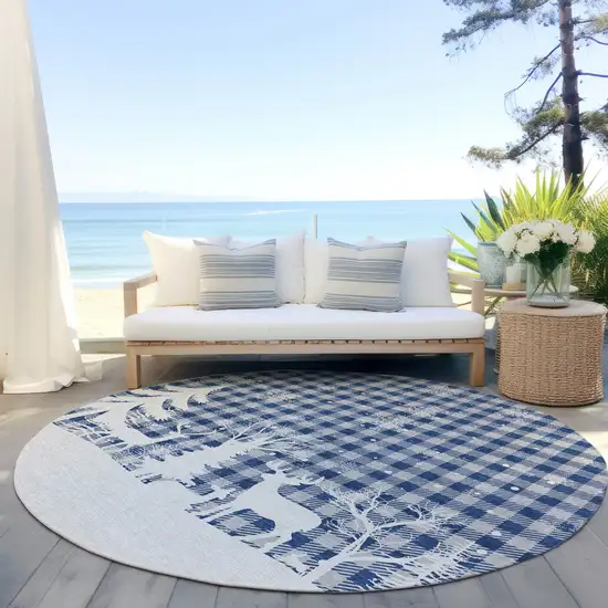 8' Blue Ivory And Gray Round Plaid Washable Indoor Outdoor Area Rug Photo 5