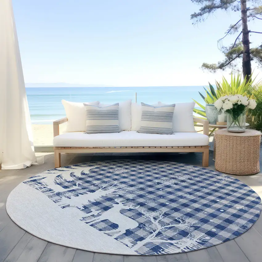 8' Blue Ivory And Gray Round Plaid Washable Indoor Outdoor Area Rug Photo 5