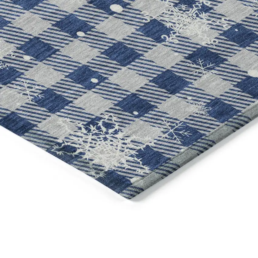 8' Blue Ivory And Gray Round Plaid Washable Indoor Outdoor Area Rug Photo 7