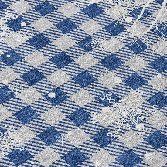 8' Blue Ivory And Gray Round Plaid Washable Indoor Outdoor Area Rug Photo 8