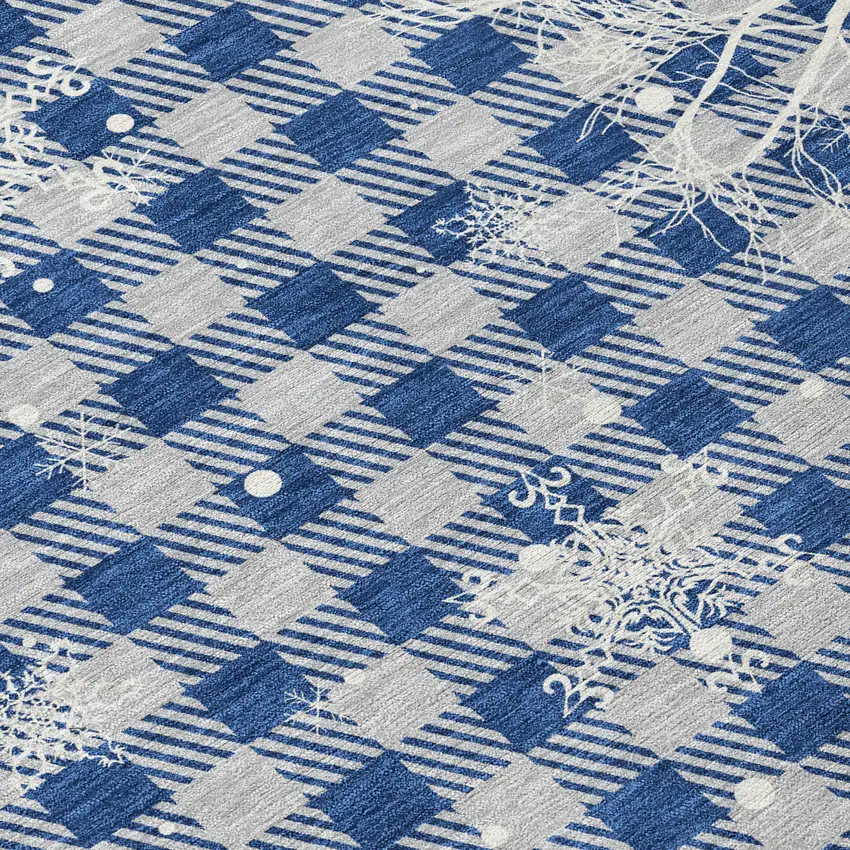 8' Blue Ivory And Gray Round Plaid Washable Indoor Outdoor Area Rug Photo 8