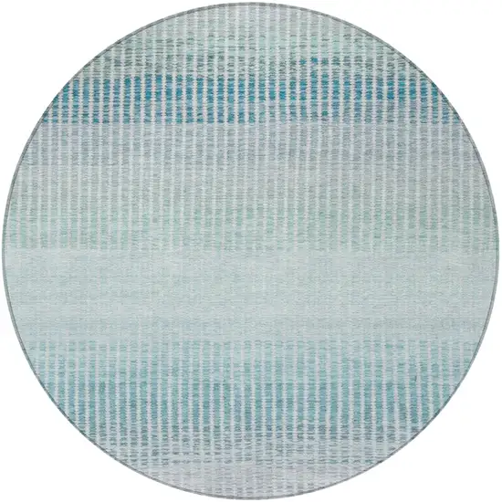 8' Blue Ivory And Gray Round Striped Washable Indoor Outdoor Area Rug Photo 5