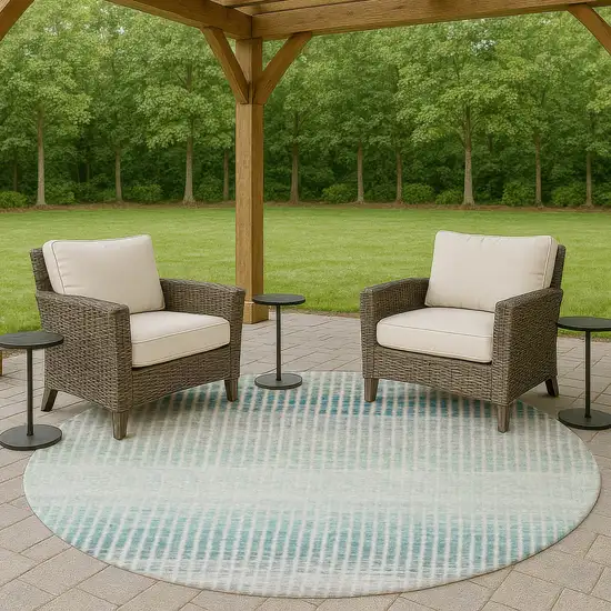 8' Blue Ivory And Gray Round Striped Washable Indoor Outdoor Area Rug Photo 8