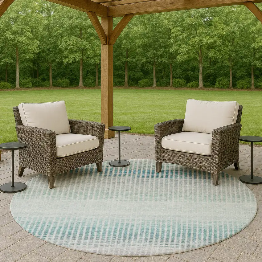 8' Blue Ivory And Gray Round Striped Washable Indoor Outdoor Area Rug Photo 8