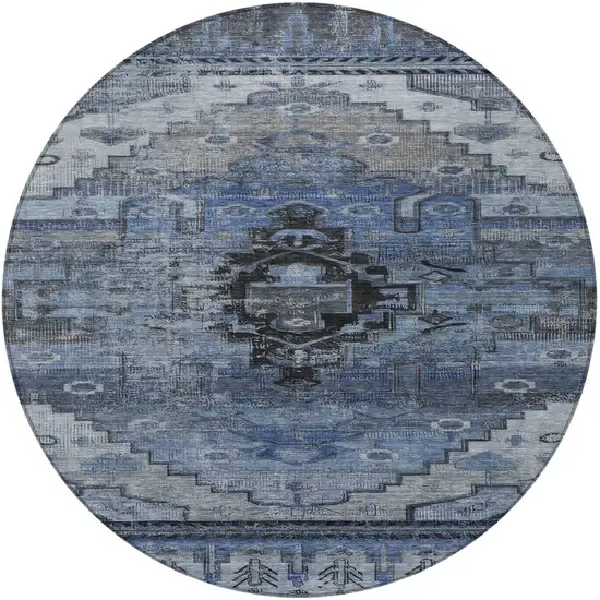 8' Blue Ivory And Gray Round Tribal Washable Indoor Outdoor Area Rug Photo 3
