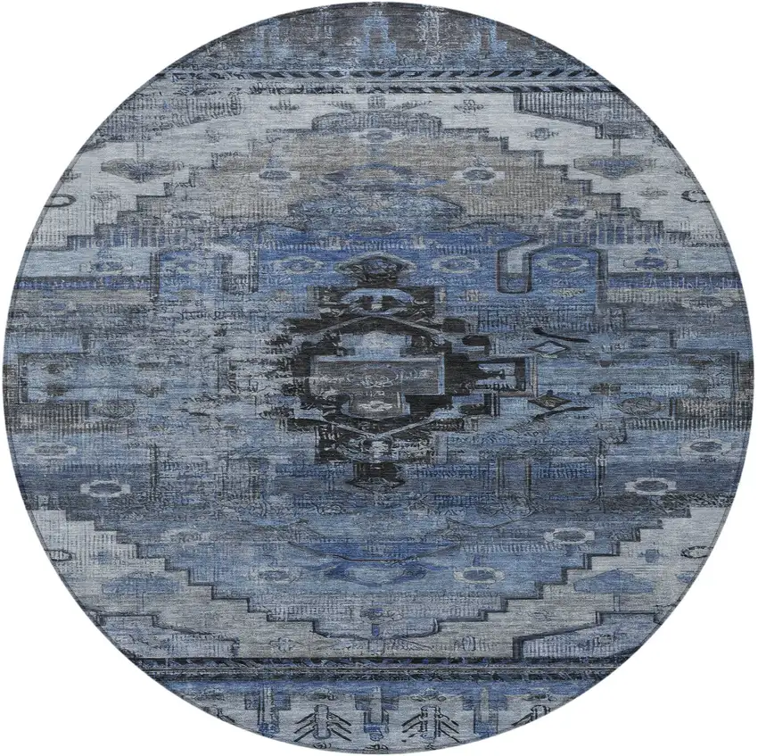 8' Blue Ivory And Gray Round Tribal Washable Indoor Outdoor Area Rug Photo 3
