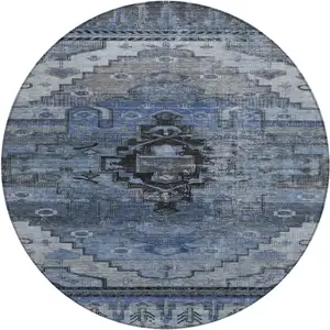 Photo of 8' Blue Ivory And Gray Round Tribal Washable Indoor Outdoor Area Rug