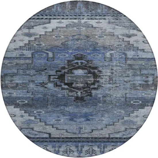 8' Blue Ivory And Gray Round Tribal Washable Indoor Outdoor Area Rug Photo 1
