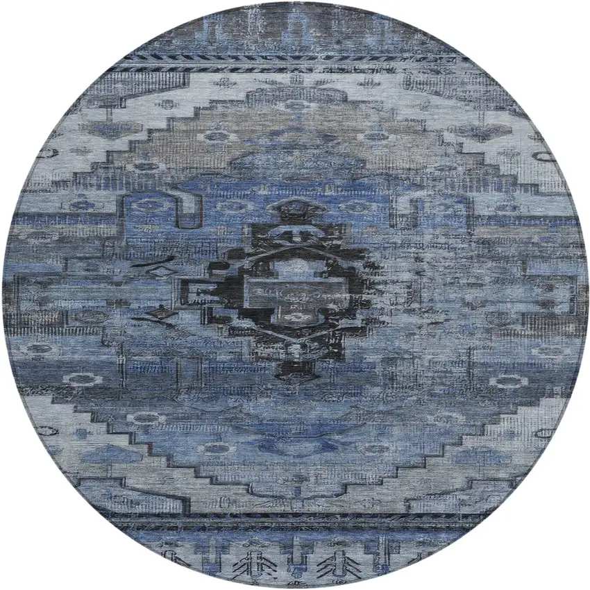 8' Blue Ivory And Gray Round Tribal Washable Indoor Outdoor Area Rug Photo 1