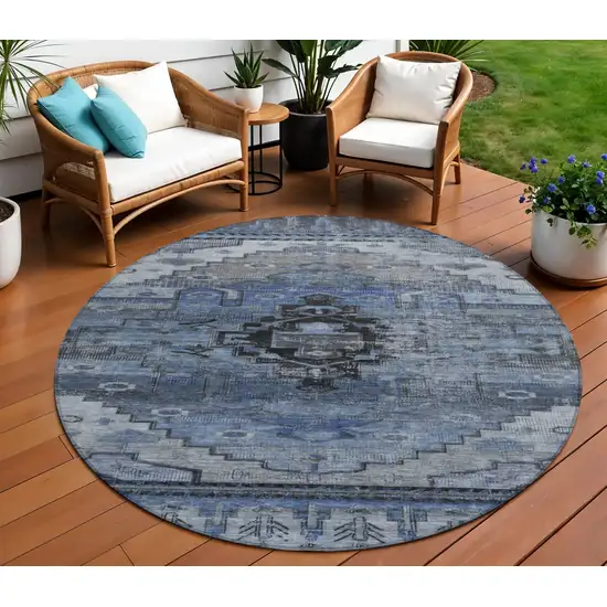 8' Blue Ivory And Gray Round Tribal Washable Indoor Outdoor Area Rug Photo 2