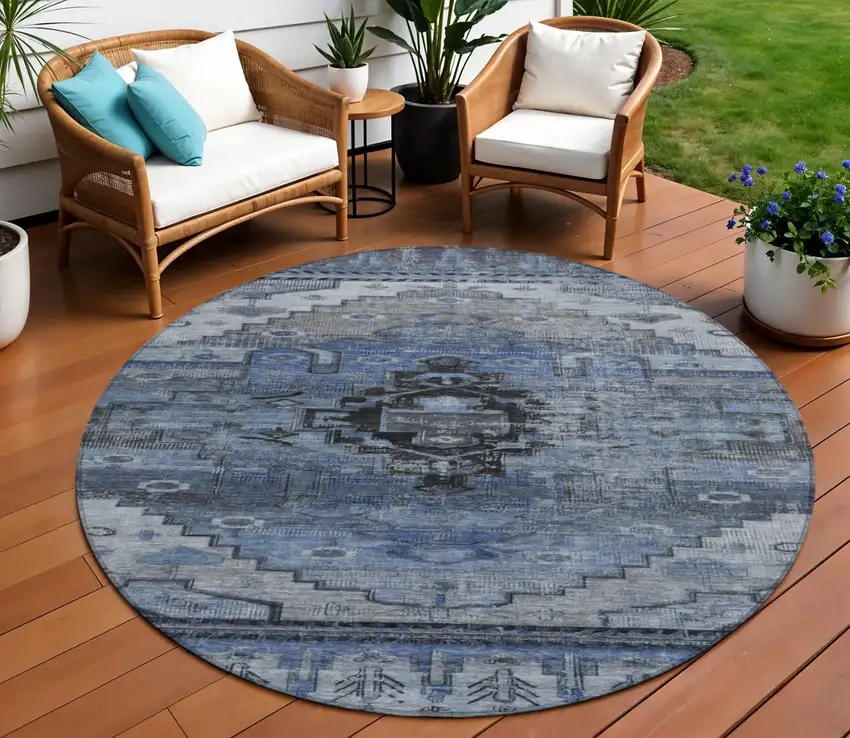 8' Blue Ivory And Gray Round Tribal Washable Indoor Outdoor Area Rug Photo 2