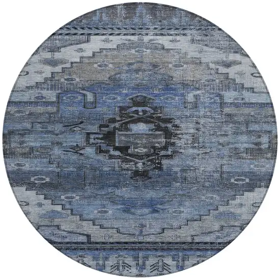 8' Blue Ivory And Gray Round Tribal Washable Indoor Outdoor Area Rug Photo 4