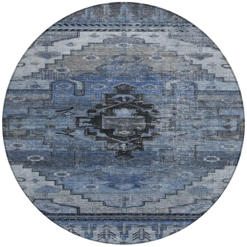 8' Blue Ivory And Gray Round Tribal Washable Indoor Outdoor Area Rug Photo 4