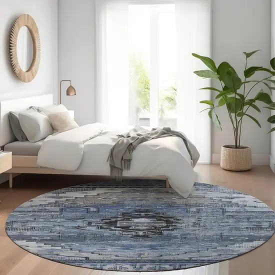 8' Blue Ivory And Gray Round Tribal Washable Indoor Outdoor Area Rug Photo 6
