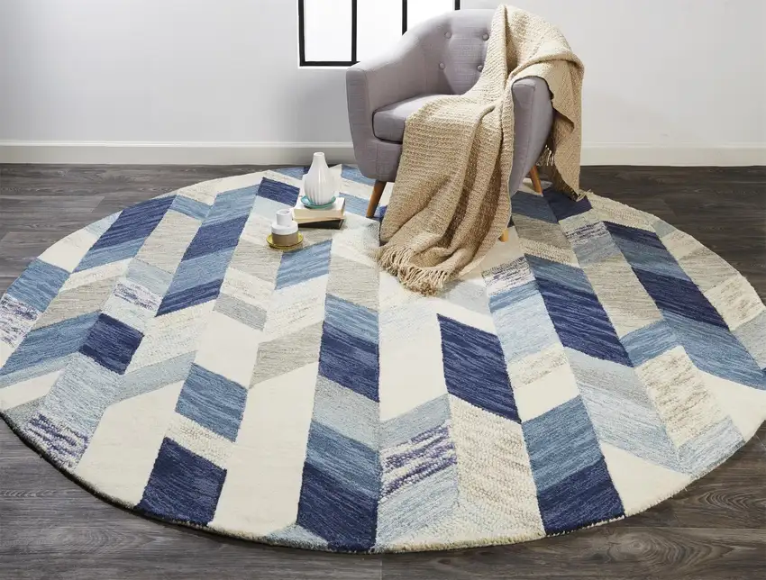 8' Blue Ivory And Gray Round Wool Geometric Tufted Handmade Area Rug Photo 3