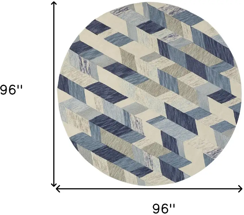 8' Blue Ivory And Gray Round Wool Geometric Tufted Handmade Area Rug Photo 5