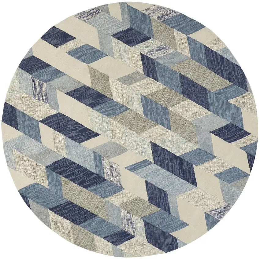8' Blue Ivory And Gray Round Wool Geometric Tufted Handmade Area Rug Photo 1